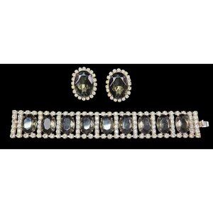 Vintage Smoke and Ice Crystal Rhinestone Bracelet & Earrings Set Oval